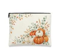 Pumpkins Canvas with Zipper, Autumn Rustic Eucalyptus Leaf Fall Orange Canvas with Zipper Small Toiletry Bag for Travel, Purse, Bathroom, Vanity and Daily Storage, Orange, 7x9 Inch, Autumn