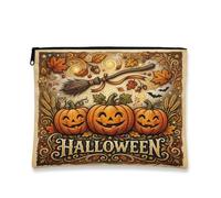 Pumpkins Canvas with Zipper, Autumn Vintage Broom Bat Halloween Orange Canvas with Zipper Small Toiletry Bag for Travel, Vanity, Bathroom Storage and Purse Organizer, Orange, 7x9 Inch, Autumn