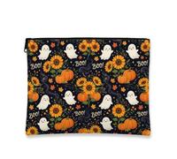 Pumpkins Canvas with Zipper, Fanciful Festive Ghost Sunflower Halloween Black Portable with Zipper Small Skincare Bag for Travel, Purse, Bathroom, Vanity and Daily Storage, Black, 7x9 Inch, Whimsical