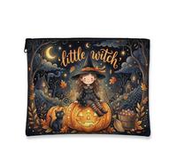 Pumpkins Canvas with Zipper, Fanciful Playful Witch Cat Halloween Orange Portable with Zipper Cosmetic Travel Bag for Travel, Vanity, Bathroom Storage and Purse Organizer, Orange, 7x9 Inch, Whimsical