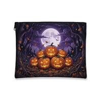 Pumpkins Canvas with Zipper, Fanciful Spooky Moon Leaf Halloween Orange Canvas with Zipper Small Makeup Pouch for Travel, Vanity, Bathroom, Purse Storage and Daily Use, Orange, 7x9 Inch, Whimsical