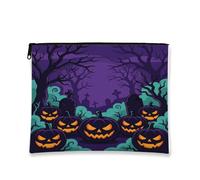 Pumpkins Canvas with Zipper, Fanciful Spooky Tree Grave Halloween Violet Canvas with Zipper Cosmetic Bag for Purse for Travel, Purse, Bathroom, Vanity and Daily Storage, Purple, 7x9 Inch, Whimsical