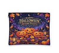 Pumpkins Canvas with Zipper, Festive Autumnal Lantern Leaves Halloween Orange Portable with Zipper Small Toiletry Bag for Travel, Vanity, Bathroom Storage and Purse Organizer, Orange, 7x9 Inch