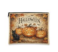 Pumpkins Canvas with Zipper, Festive Fanciful Cat Leaf Halloween Orange Portable with Zipper Small Skincare Bag for Travel, Bathroom, Vanity, Purse Storage and Gifts 7x9 Inch