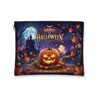 Pumpkins Canvas with Zipper, Festive Fanciful Ghost Castle Halloween Orange Portable with Zipper Mini Makeup Bag for Travel, Vanity, Bathroom, Purse Storage and Daily Use, Orange, 7x9 Inch, Festive