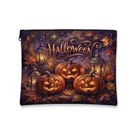 Pumpkins Canvas with Zipper, Festive Fanciful Lantern Leaves Halloween Orange Canvas with Zipper Mini Makeup Bag for Travel, Purse, Bathroom, Vanity and Daily Storage 7x9 Inch