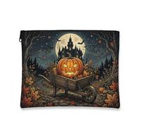 Pumpkins Canvas with Zipper, Gothic Vintage Castle Wheelbarrow Halloween Orange Canvas with Zipper Small Toiletry Bag for Travel, Vanity, Bathroom, Purse Storage and Daily Use, Orange, 7x9 Inch