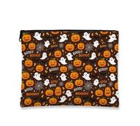 Pumpkins Canvas with Zipper, Playful Festive Ghost Spider Web Halloween Orange Portable with Zipper Mini Makeup Bag for Travel, Vanity, Bathroom Storage and Purse Organizer, Orange, 7x9 Inch, Playful
