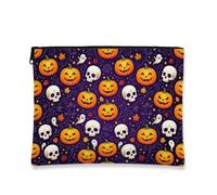 Pumpkins Canvas with Zipper, Playful Festive Skull Ghost Halloween Violet Portable with Zipper Toiletry Travel Bag for Travel, Vanity, Bathroom Storage and Purse Organizer, Purple, 7x9 Inch, Playful