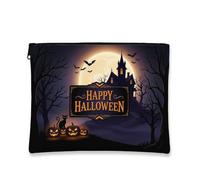 Pumpkins Canvas with Zipper, Spooky Playful Bat Castle Halloween Black Portable with Zipper Cosmetic Bag for Purse for Travel, Bathroom, Vanity Organizer and Purse Storage, Black, 7x9 Inch, Spooky