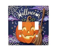Pumpkins Double Light Switch Cover Plate, Fanciful Festive Broomstick Spider Web Halloween Orange Standard Size Decorative Wall Plates for Home Living Room New Apartment Decor