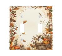 Pumpkins Double Light Switch Cover Plate, Rustic Seasonal Leaves Basket Fall Orange Standard Size Switch Plate Decorative for Home Living Room New Apartment Decor