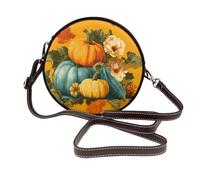 Pumpkins Gourds And Fall Leaves Women Round Crossbody Bags Leather Sling Bag Purse