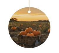 Pumpkins in Field Double-Sided Ceramic Christmas Ornaments - Round Hanging Mini Xmas Tree Decorations, Ideas for Farmers, Rustic Home Decor for Indoor Outdoor Tree Decor