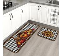 Pumpkins Kitchen Rugs Sets of 2, Seasonal Rustic Sunflower Cornucopia Fall Black Soft Washable Thick Floor Mat for Sink Area Laundry Room Entryway Hallway