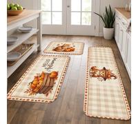 Pumpkins Kitchen Rugs Sets of 3, Rustic Country Cat Basket Fall Orange Washable Comfort Padded Floor Mat Decor for Sink Area Laundry Room Bathroom Entryway