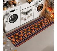 Pumpkins Runner Rug, Festive Modern Ghost Skull Halloween Orange Low Pile Sponge Rectangle Floor Carpets Edge Binding for Kitchen Entryway Bedside Doorway Hallway Decor 2x6 Ft