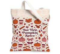 Pumpkins Spice Autumn Quote Canvas Tote Bag 13x15 Inch, Beige, 13x15 Inch