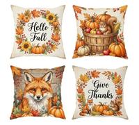Pumpkins Throw Pillow Covers Set of 4, Rustic Fanciful Squirrel Foxes Fall Orange Soft Velvet Washable Couch Pillow Covers for Home Living Room Bedroom Dorm Couch Decor 20x20 Inch
