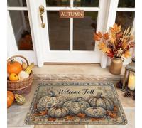 Pumpkins Welcome Door Mat, Autumn Rustic Leaf Text Fall Orange Non-Slip Dirt Trapper Doormats for Floor Home Decor for Entryway Outdoor Porch Balcony 29x17 Inch