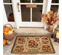 Pumpkins Welcome Door Mat, Rustic Seasonal Leaf Mushroom Fall Orange Washable Low Profile Under Doormat Rug Home Decor for Entryway Outdoor Porch Balcony 29x17 Inch