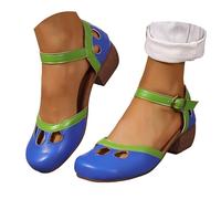 Pumps Women's Leather Splice Flower Pattern Comfortable Zip Block Heel Women's Sandals Women's Pumps Sandals Block Heel, blue, 5 UK