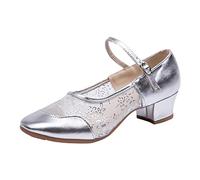Pumps Women's Medium Heel Mesh Buckle Latin Dance Shoes Single Shoe Dance Shoes Sling Pumps Flat, silver, 5.5 UK