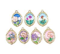 pumpumlia 7 Pieces Artistic Alloy Ornaments Jewelry Charm For Handmade Necklace Crafting Featuring Rose And Sunflowers Patterns Colorful Flower Pendant Set