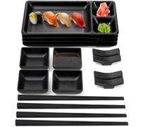 Pumtus 16 Piece Japanese Sushi Plate Set, Melamine Sushi Serving Set, Sushi Dinnerware Set - Includes 4 Sushi Serving Plates, 4 Sauce Dishes, 4 Pairs of Chopsticks, 4 Chopstick Holders (Black)