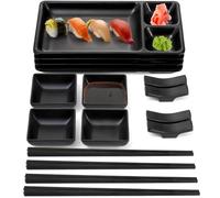 Pumtus 16 Piece Japanese Sushi Plate Set, Melamine Sushi Serving Set, Sushi Dinnerware Set - Includes 4 Sushi Serving Plates, 4 Sauce Dishes, 4 Pairs of Chopsticks, 4 Chopstick Holders (Black)