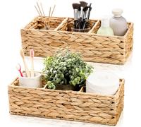 Pumtus 2 Pack 3-Section Wicker Baskets, Water Hyacinth Storage Bin, Handwoven Desk Organizer, Toilet Paper Container, Rectangle Holder for Counter Top Bathroom Toilet Tank Shelves Coffee Bar Pantry