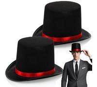 Pumtus 2 Pack Black Felt Top Hats, Funny Party Hat with Red Band, Tuxedo Vampire Formal Hats, Victorian Costume Hat, Butler Top Hat for Cosplay Halloween, Unisex