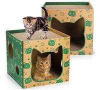 Pumtus 2 Pack Cardboard Cat Houses, Cat Play House with 2 PCS Scratching Pad, Corrugated Cat Hideaway Cave, Cute Cat Condos Box, Cat Scratching Toy, Scratcher Bed for Indoor Cats, Kittens, Bunny