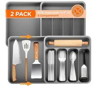Pumtus 2 Pack Expandable Cutlery Drawer Organizer, 23 Inch Adjustable Plastic Utensil Tray Set, 6 Compartment Flatware Storage Divider, Kitchen Organization for Utensils, Silverware, Flatware Storage