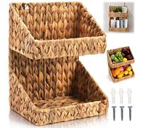 Pumtus 2-tier Handwoven Storage Basket, Water Hyacinth Standing Rack, Kitchen Countertop Organizer, Hanging Bathroom Basket, Fruit Vegetable Holder, Storage Shelf for Home Organization