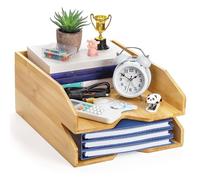 Pumtus 2 Tiers Paper Tray, 14 x 11 in Bamboo Letter Tray, Office Desk File Holder, Large Mail Document Organizer, Study Workstation Storage Rack for A4 Paper, Magazine, Envelopes, Office Supplies