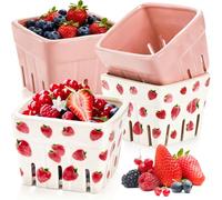 Pumtus 4 Pack Ceramic Strawberry Kitchen Bowl Containers, Square Fruit Bowls, Kawaii Pink & Strawberry Patterned, Rustic Stoneware Berry Colander Bins for Veggie, Berries, Fruits, Farmhouse Home Decor