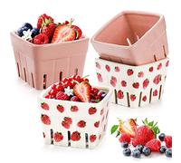 Pumtus 4 Pack Ceramic Strawberry Kitchen Bowl Containers, Square Fruit Bowls, Kawaii Pink & Strawberry Patterned, Rustic Stoneware Berry Colander Bins for Veggie, Berries, Fruits, Farmhouse Home Decor