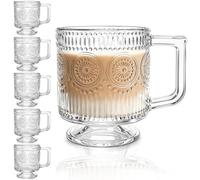 Pumtus 6 Pack Glass Coffee Mugs, 8 OZ Footed Irish Tea Cup with Handle, Embossed Floral Latte Cappuccino Mug, Clear Romantic Glassware for Chocolate, Espresso, Smoothie, Cocktail, Cold Drinks