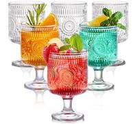 Pumtus 6 Pack Vintage Goblet Glasses, 8 OZ Embossed Floral Glass Cup, Clear Romantic Wine Glassware, Unique Pressed Pattern Stemware, Mixed Drink Glasses Set for Cocktail, Juice,Whiskey, Beer