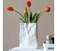 Pumtus White Crinkled Ceramic Square Vase, 7.8 Inch Wide Mouth, Minimalist Boho Vase for Flower Arrangement, Table Centerpiece, Home Office Decor