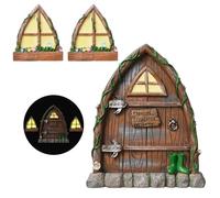 Pumwoy Fairy Door and Window for Tree, Gnome Door with Lantern Glow in the Dark, Miniature Elf Door Garden Fairy Door for Garden Decoration Outdoor Decor (A)