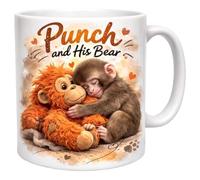 Punch and His Bear 11oz Ceramic Coffee Mug - Cute Monkey with Orangutan Teddy Design, Personalized Family & Friends Gift, Coffee Tea Milk Cup for Animal Lovers