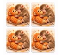 Punch and His Bear Cute Monkey with Orangutan Teddy Design, Coasters, Square Cork-Backed MDF, 9cm, Set of 4, Heat Resistant with Rounded Corners