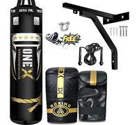 Punch Bag Boxing Training, Filled 4ft Heavy Duty set, Wall Bracket Punching Gloves, Kickboxing MMA Grappling Muay Thai Karate BJJ, Adult Home Gym Fitness