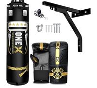 Punch Bag Filled 4FT Punch Bag Set, Maya Hide Leather Heavy Punching Bag with Gloves Wall Bracket Hanging Straps etc. Boxing MMA Kickboxing Adult Fitness Gym Home