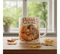 Punch Monkey Mug - Punch and His Bear Ceramic Coffee Cup | Cute Baby Monkey Hugging Teddy Bear, Unique Motivational Gift, 15oz (450ml) Large White Tea Mug