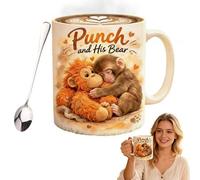 Punch Monkey Mug with Spoon Set - Punch and His Bear Ceramic Coffee Cup | Cute Baby Monkey Hugging Bear, Unique Motivational Gift for Animal Lovers, 11/15 oz White Ceramic Tea Mug for Home & Office