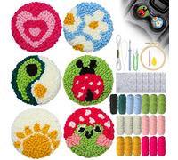 Punch Needle Coasters Kit 6 Pattern Embroidery Punch Needle Kits Adults Beginner Coasters Tufted Car Coasters DIY Rug Drink Coasters with Adhesive Felt Yarns Hoop Tools Kids Starter Crafts