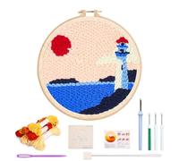 Punch Needle Kit, 8 Inch Beach Embroidery Kit for Beginners, Punch Needle Kits Adults Beginner, Punch Stitching Kit for Adults, Summer Ocean Punch Needle Craft Set(Lighthouse)